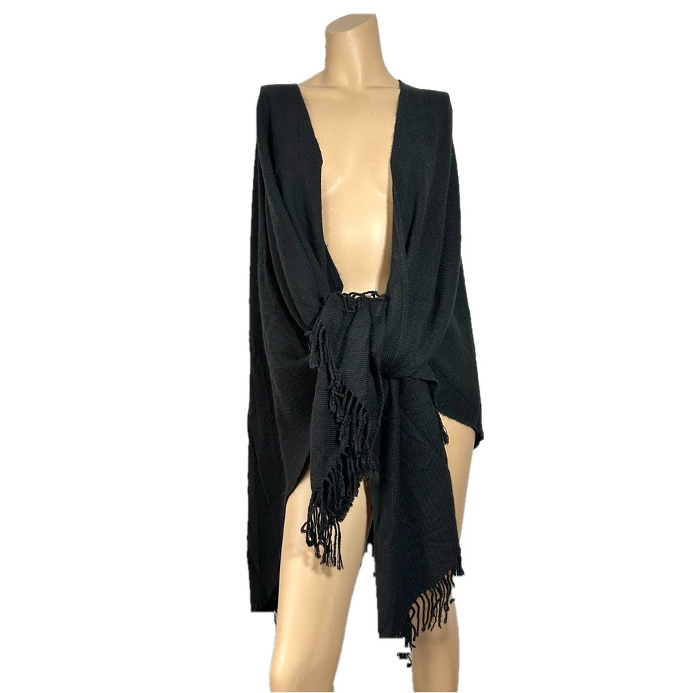 Vintage Lord & Taylor Black Wrap Fringed Shawl Scarf 58 x 30 Inch Minimalist